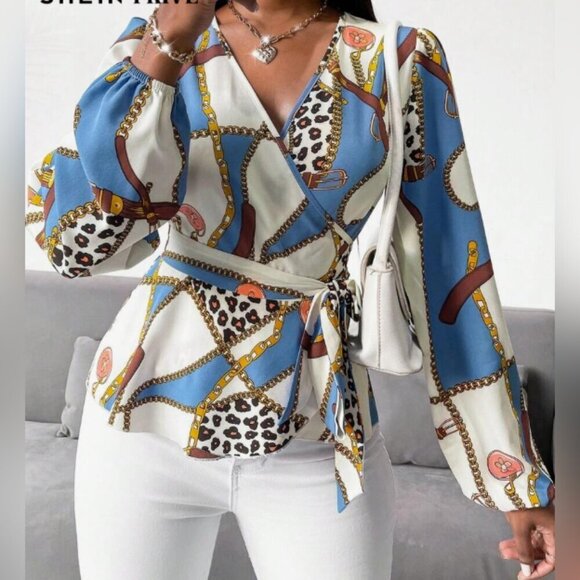 Tops - Leopard Print Wrap Blouse with Side Tie, Lantern Sleeves & Ruffles